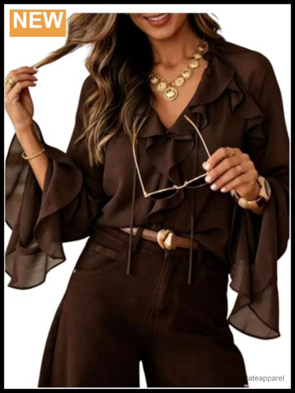 Chiffon Ruffle V-Neck Long Bell Sleeve Blouse Women Elegant Office Party Top
